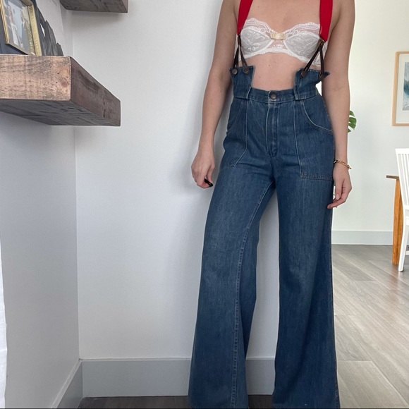 Vintage 70s Bell Bottom Flare Jeans Overalls S M - Picture 4 of 6